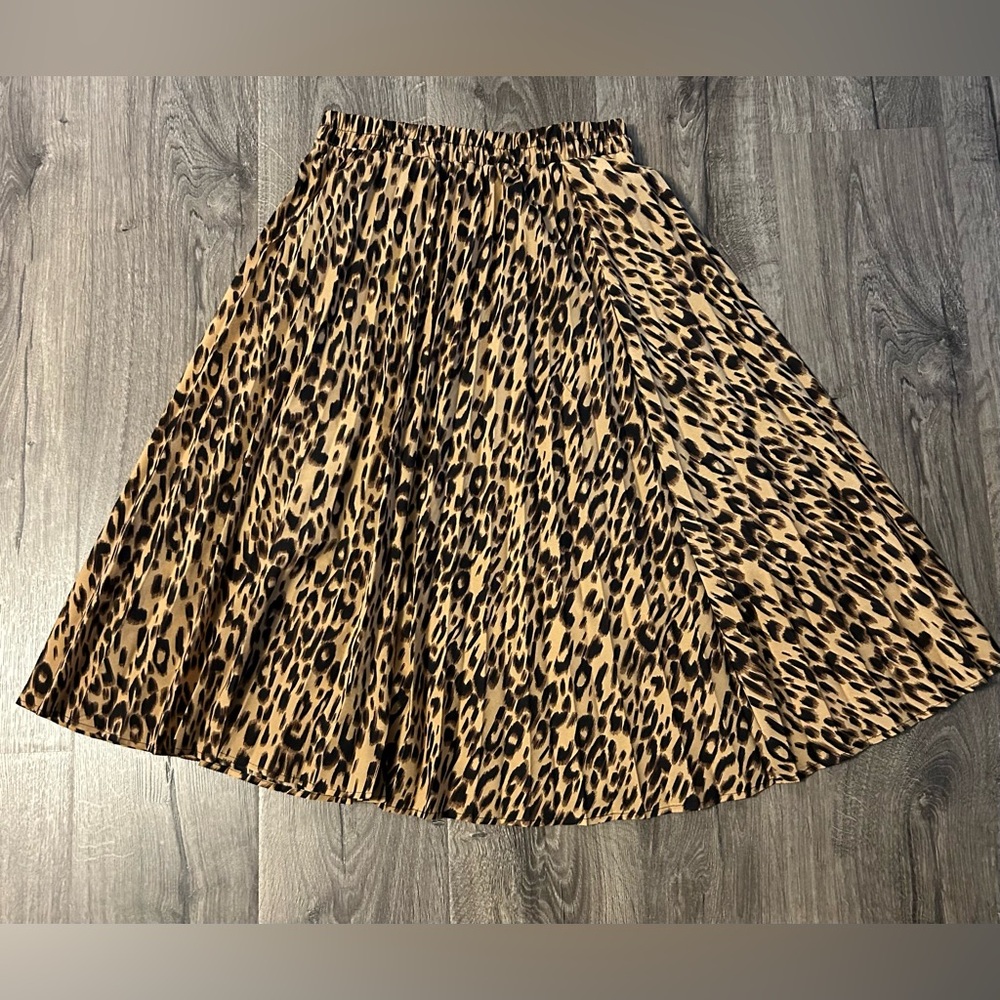 Elastic High Waisted A Line Leopard Print Pleated Shirring Midi-Long Skirt